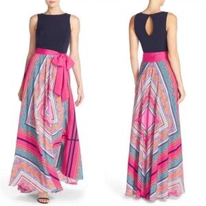 Eliza J Scarf Print Jersey & Crêpe de Chine Maxi Dress EUC Size 14, pink & navy